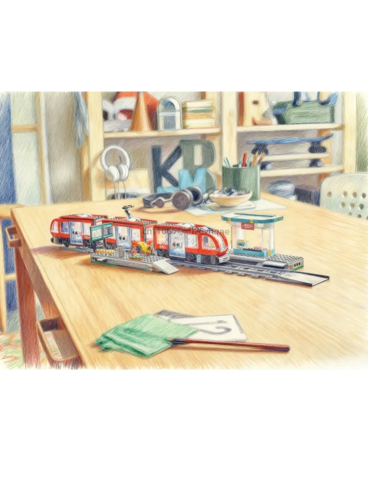 

City trams and tram stops, train toys are built, there are stations and train carriages for children's Christmas gifts