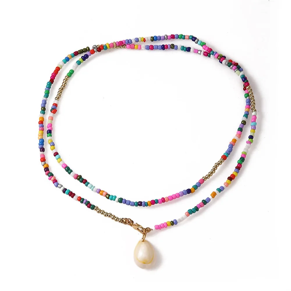 Boho Chic Beach Double Rice bead necklace multicoloured polymer clay shell pendant women's choker