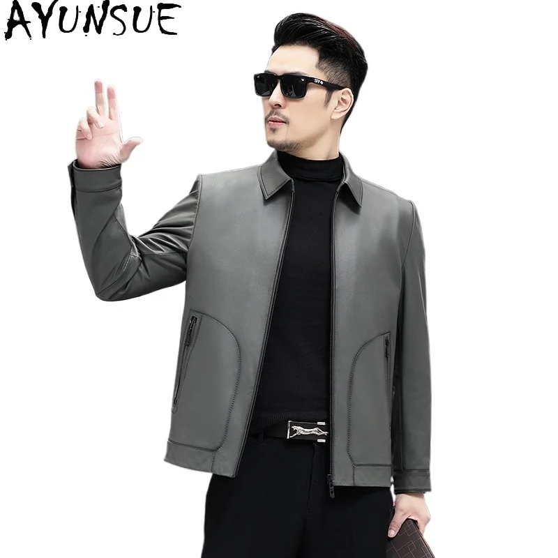 

AYUNSUE Top Layer Pure Cowhide Leather Jackets Man Natural Leather Coat Casual Lapel Vintage Men Leather Jacket Jaqueta De Couro