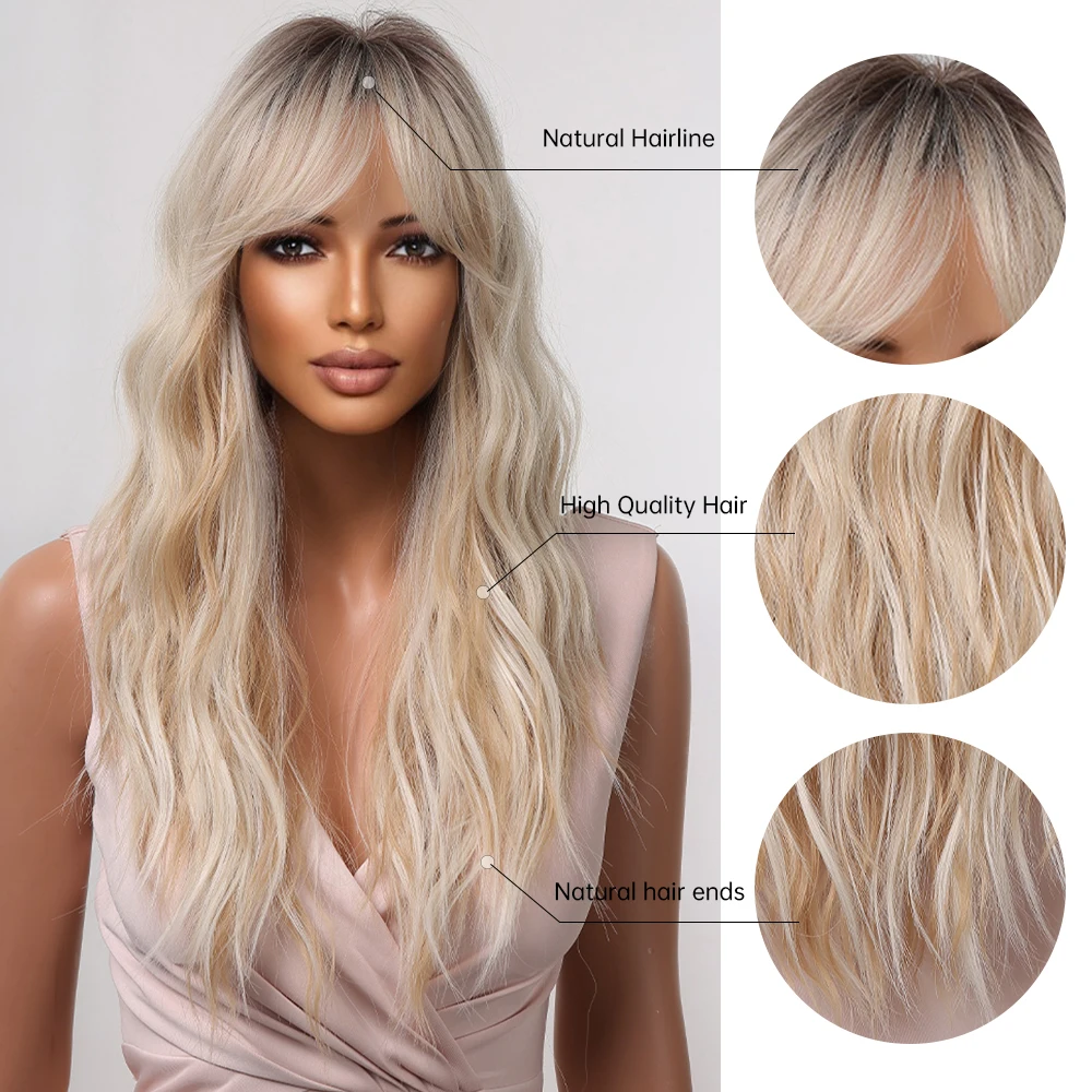 JONRENAU Synthetic Wavy Blonde Platinum Wigs For Women With Bangs Ombre Dark Long Wave Wig Party Daily Heat Resistant Fibre Hair