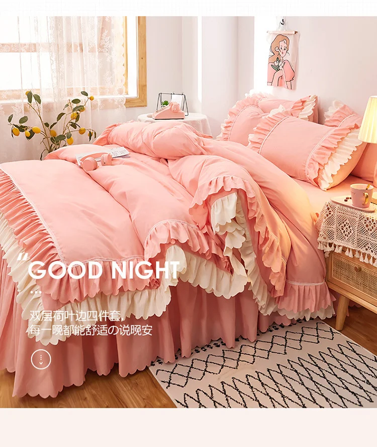Rosa Spitze Rüschen Bettwäsche Set Luxus Bett Rock Blatt Tagesdecke Koreanische Bettbezug Mädchen Prinzessin Bettdecke Kissenbezüge – Detail 11