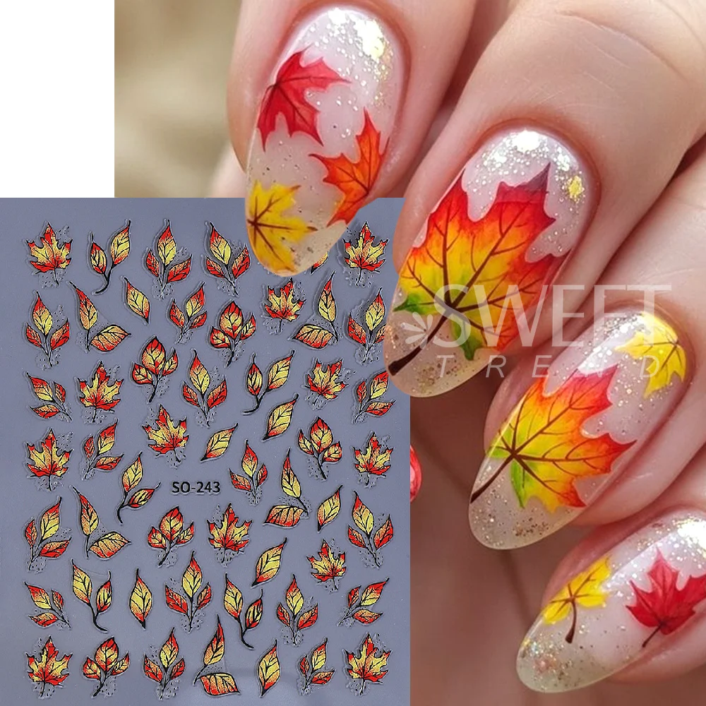 SWEET TREND-3 Stück Herbst-Nagelaufkleber, 3D-Ahornblatt, selbstklebende Nagelaufkleber zum Selbermachen, Thanksgiving Day Maniküre-Dekoration – Detail 3