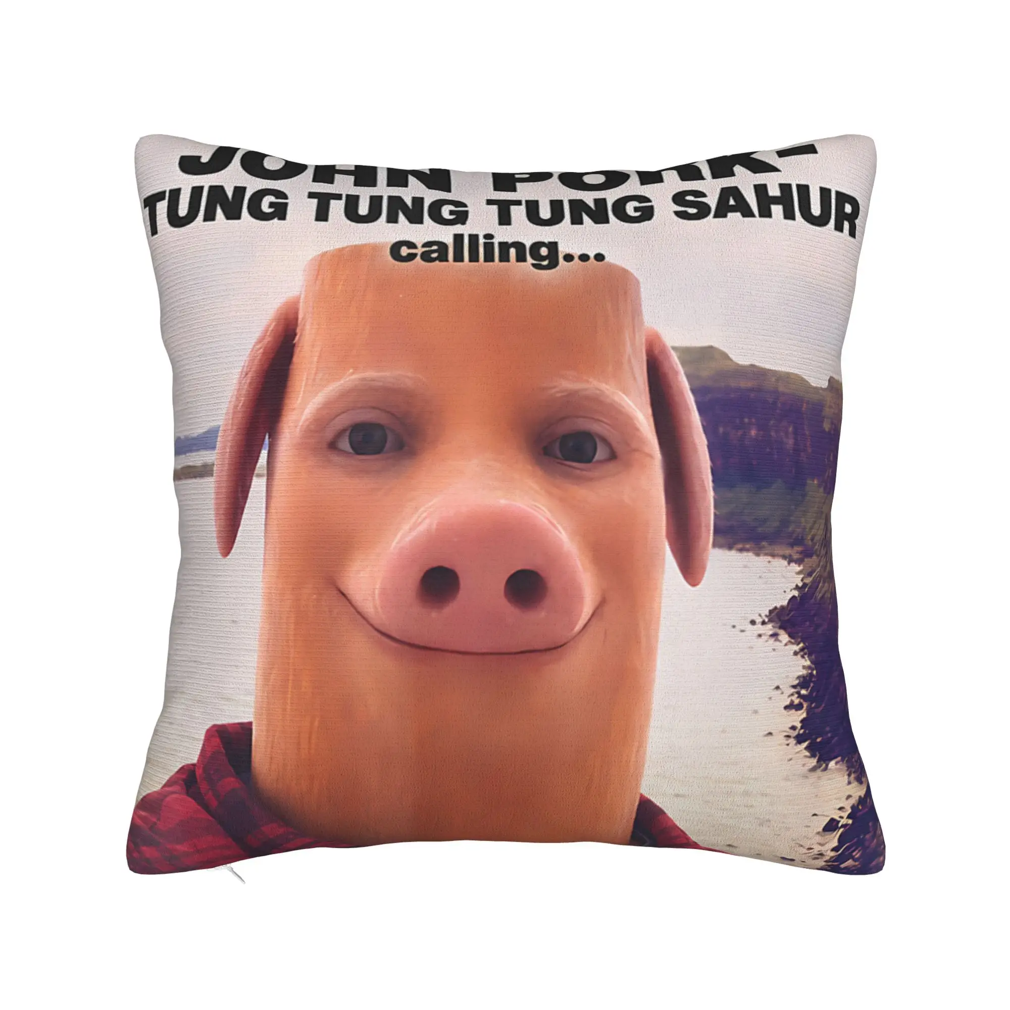 Tung Tung Tung Sahur John Pork is Calling Brainrot Pillow Case  Kawaii Pillow Cover Square Pillowcases For Sofa Car Home Decor