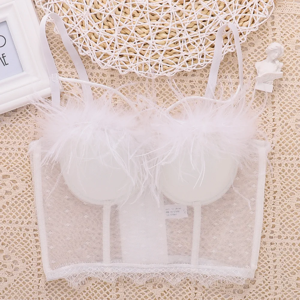 Sexy Feather Strap Bralette Lace Mesh Bustier Top Women's Fashion Stage Push Up See Through Bra One-pieces Women Underwear