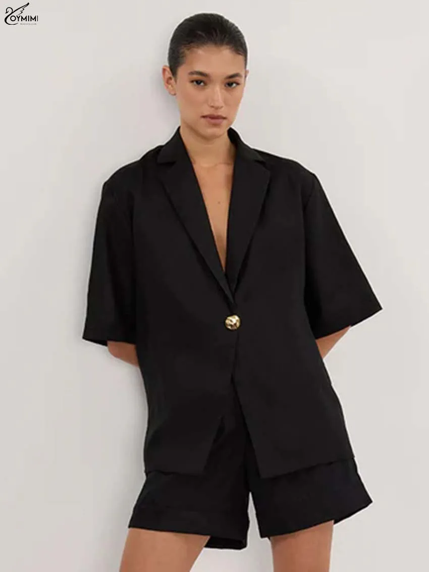 

Oymimi Casual Black Cotton Woman 2 Piece Set Outfit Elegant Half Sleeve Single Button Shirts And High Waist Pockets Shorts Sets