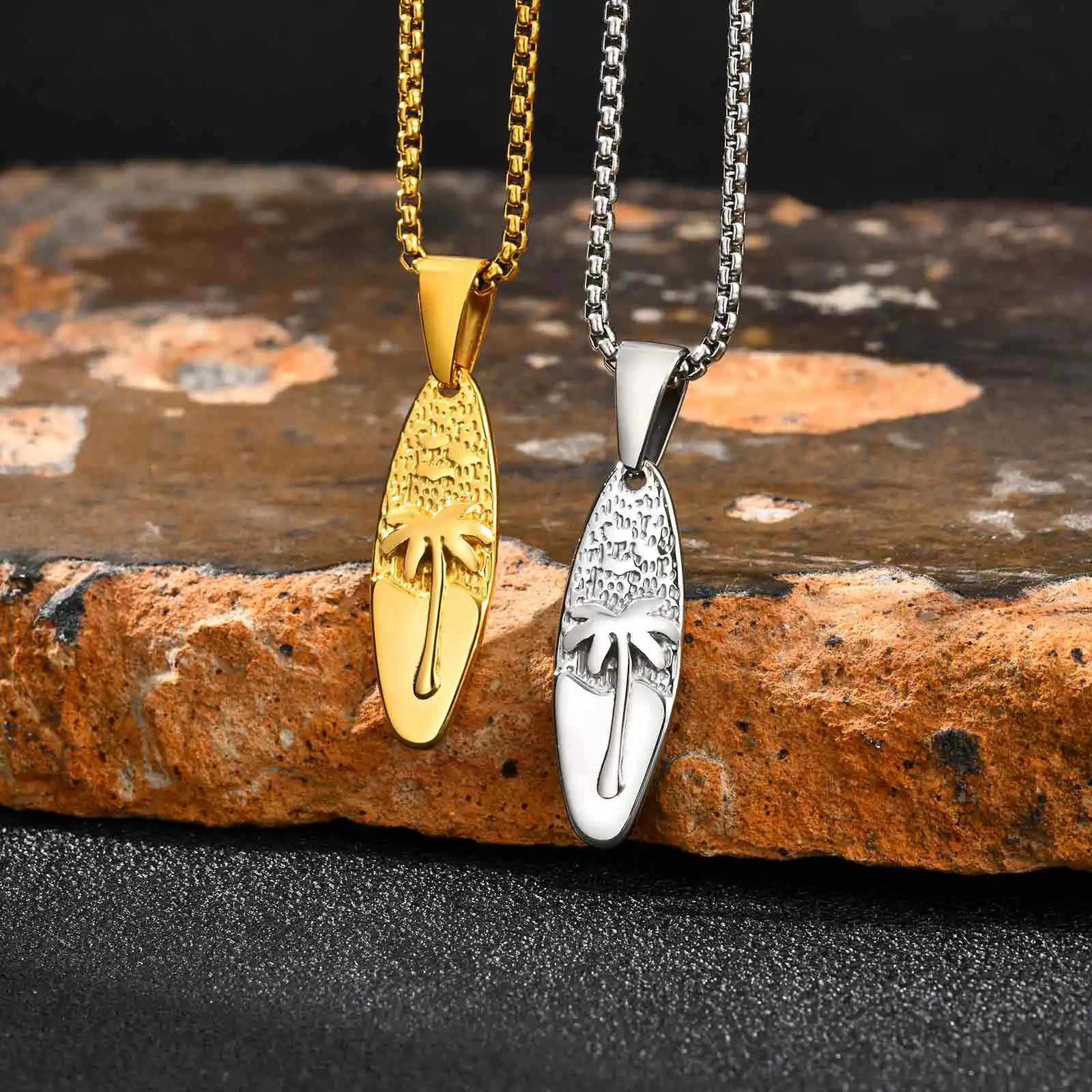 Small Coconut Tree Necklace for Men Boys,Waterproof Stainless Steel Oval Pendant Necklace,Hip Hop Simple Jewelry Gift
