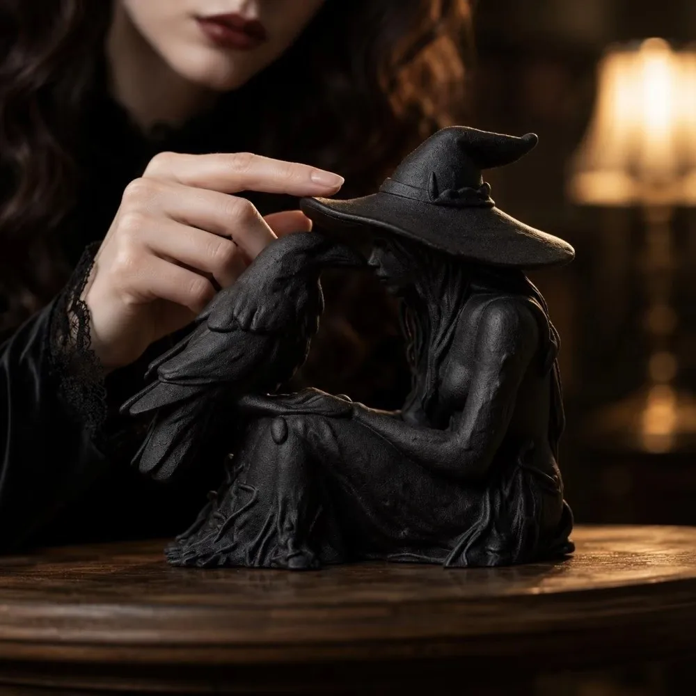 Personality 3D Printed Witch Sculpture Gothic Style Figurine Halloween Decoration Desk Ornaments Witch Crow Statue Home Decor