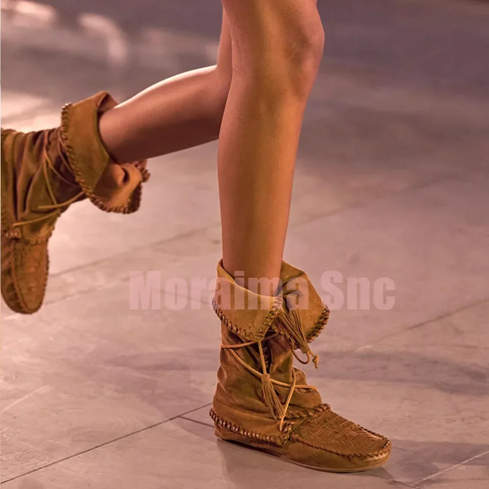 Fringe Cross Strap Weave Ankle Boots Round Toe Suede Leather Turned-over Edge Runway Women's Short Modern Boots Spring Autumn