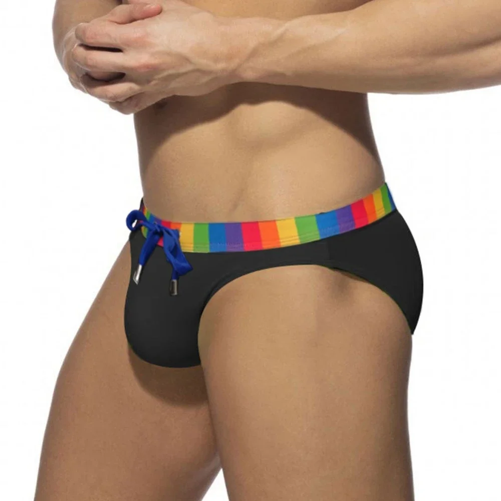 Men's Rainbow Stripe Swim Briefs Contour Pouch Bikini Swimsuit Swimwear Male Sexy Swimming Trunks Board Beach Surfing Shorts
