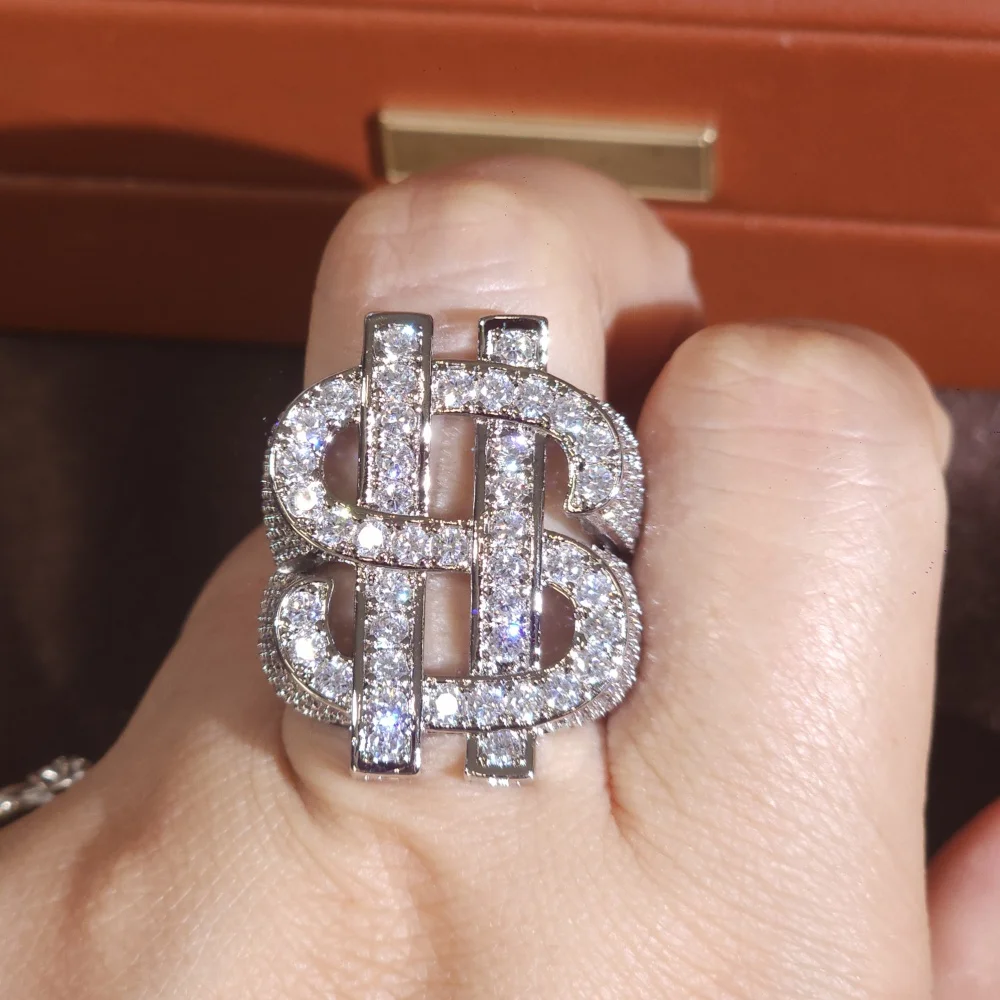 

ICECHARMI Iced Out CZ Ring Dollar Sign Hiphop Rapper Rings Band Bling Zirconia Stones Fashion Trendy Accessory