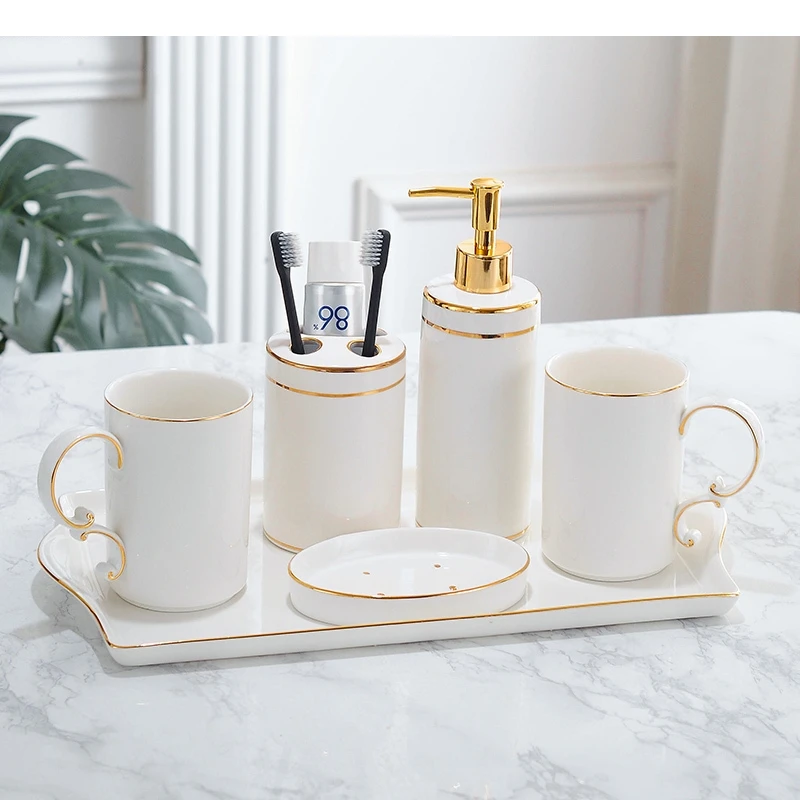 Gold Line Texture Bathroom Accessories Set Portable Soap Dispenser Toothbrush Holder Dish Quality Ceramic Bath Supplies