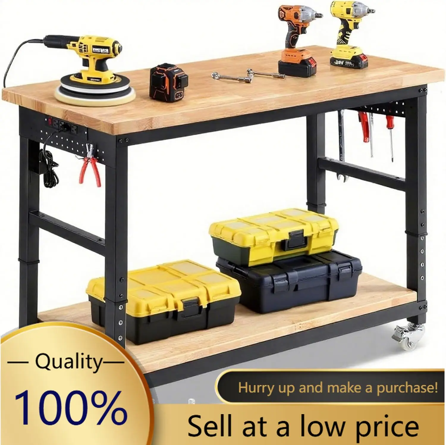 60 Inch Heavy Duty Workbench with Wheels, Adjustable Height | Solid Rubberwood Top Garage Work Bench with Storage Shelf and Powe