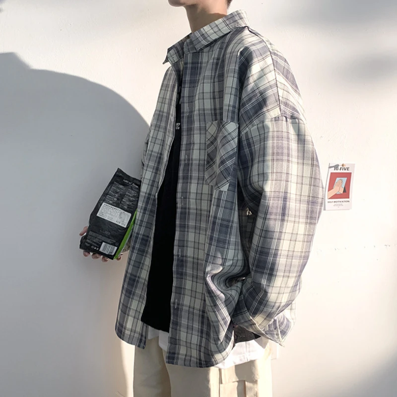 Plaid Shirts Männer Erweiterte Lose Temperament Frühling Herbst Langarm Tasche Alle-spiel Japanischen Stil Männlichen Casual Streetwear