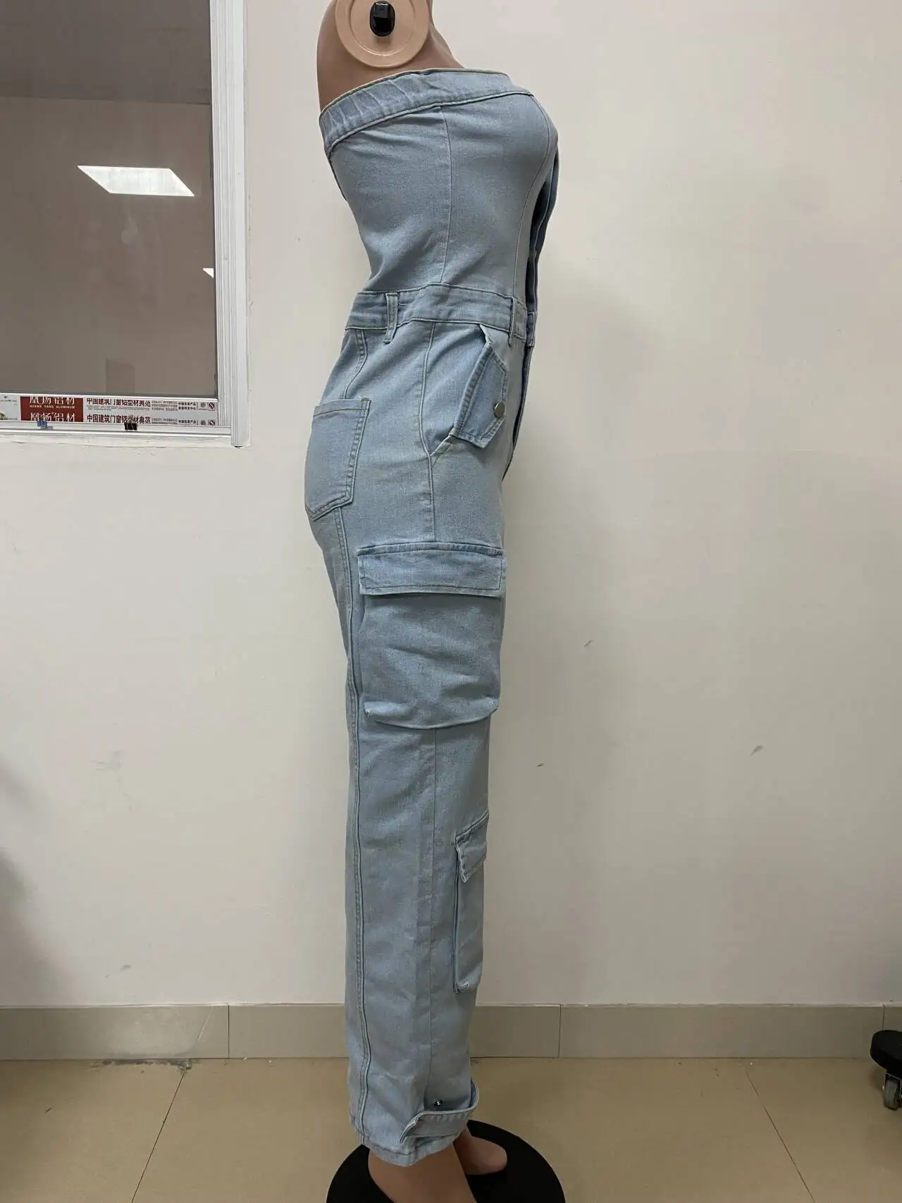 Women Jumpsuit Summer Sexy Sleeveless Strapless Bodycon Denim Jumpsuit Streetwear Casual Lady Pocket Cargo Pants Jeans Jumpsuit