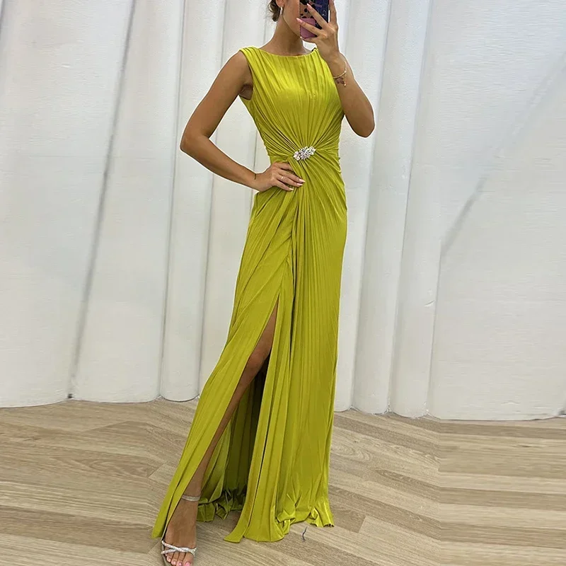 2023 ผู้หญิงแฟชั่น Maxi ชุดหญิง O-คอชุดราตรี Vestido ใหม่ผอมเย็บจีบ Slit ชุดลําลอง