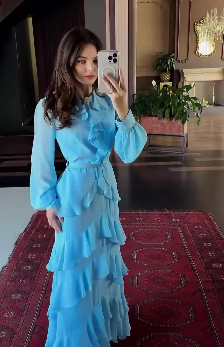 Elegant Solid Layered Ruffle Long Dress Women O Neck Long Sleeve Belt Chiffon Maxi Dress Autumn Wedding Guest Evening Party Robe