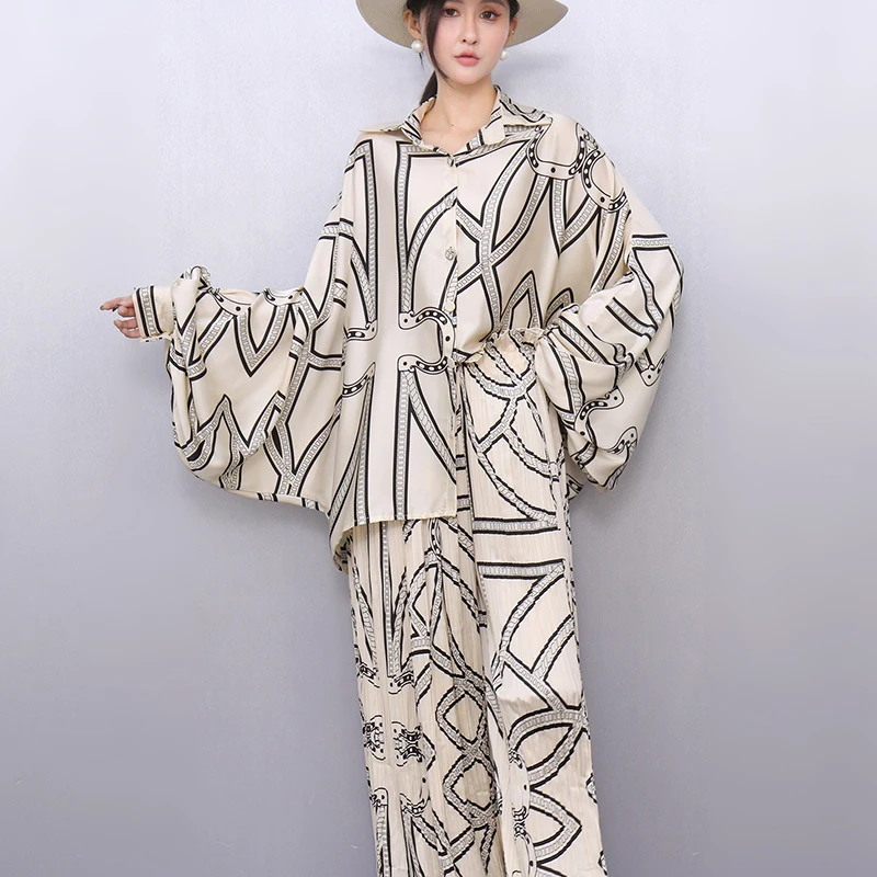 

SuperAen Niche Design, новинка весны 202, женская свободная рубашка большого размера с принтом, плиссированные широкие брюки, комплект из двух предметов