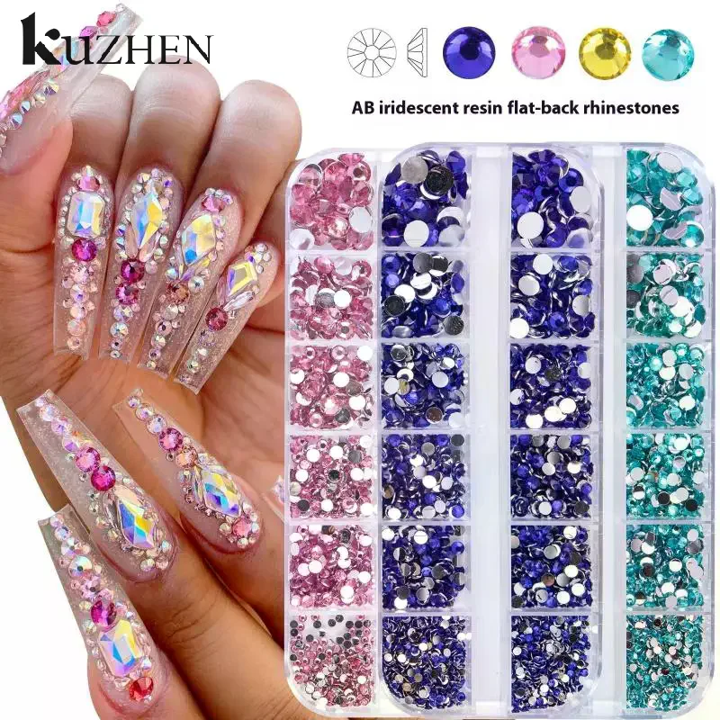 Boîte de 12 grilles pour Nail Art, mélange de perles en strass, cristal AB, bijoux à dos plat, gemmes avec organisateur de rangement pour Nail Art multicolore