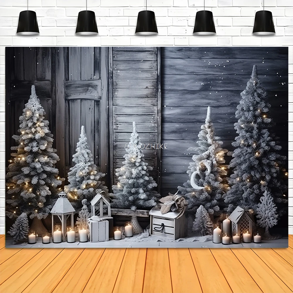 

Christmas Tree With Wooden Floor Photography Backdrops Pinecones Snow Fireplace New Year Winter Holiday Party Background DT-22