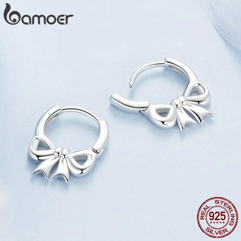 BAMOER Solid 925 Sterling Silver Hypoallergenic Bowknot Earrings for Women Teen Girls Minimalist Hoop Earrings Sweet Bow BSE1078