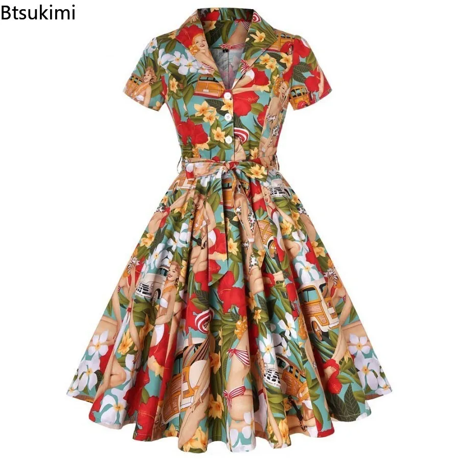 

New 2025 Women's Summer Cotton Vintage Dress Retro Floral Print Green Short Sleeve Large Skirt Dress Rockabilly Party Dresses