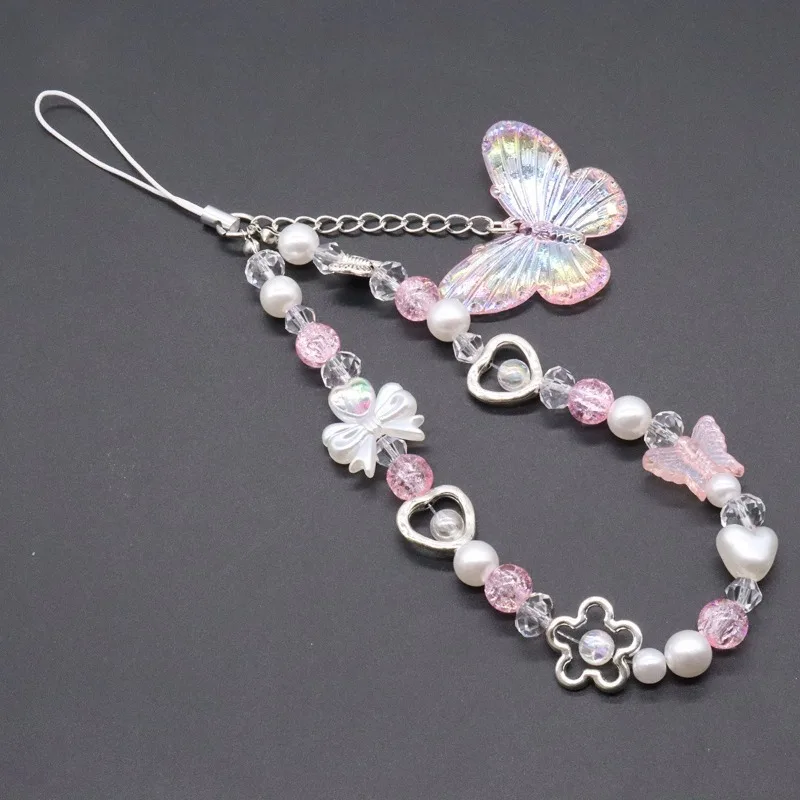 Korean Cute Colored Butterfly Mobile Phone Charm Keychain Chain Girl Women Cell Phone Case Fashion Bag Pendant Key Strap Rope