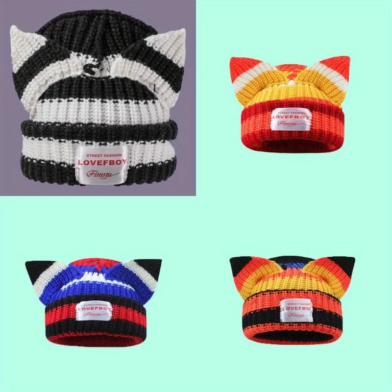 

Color Block Striped Cat Ear Knitted Hat for Women Autumn Winter Thickened Warm Beanie with Ear Protection Elastic Cap