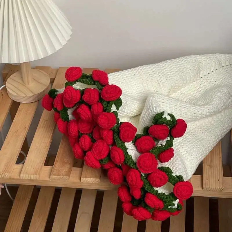 

Creative Hand-Knitted Rose Blanket Material Foldable Throw Blankets Rose Bouquet Blanket Home Decor Gift For Girlfriend Mother F