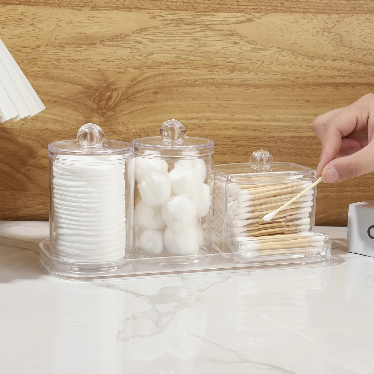3Pcs Qtip Holder Dispenser, Apothecary Jars with Lids, Clear Acrylic Bathroom Jars 0rganizer, Cotton Swab Storage Dispenser