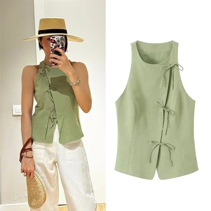 2026 Summer New Style Women's Vest Green Sleeveless Tie-Detail Simple Sexy Vest Waistcoat Casual Fashion Personalized Versatile