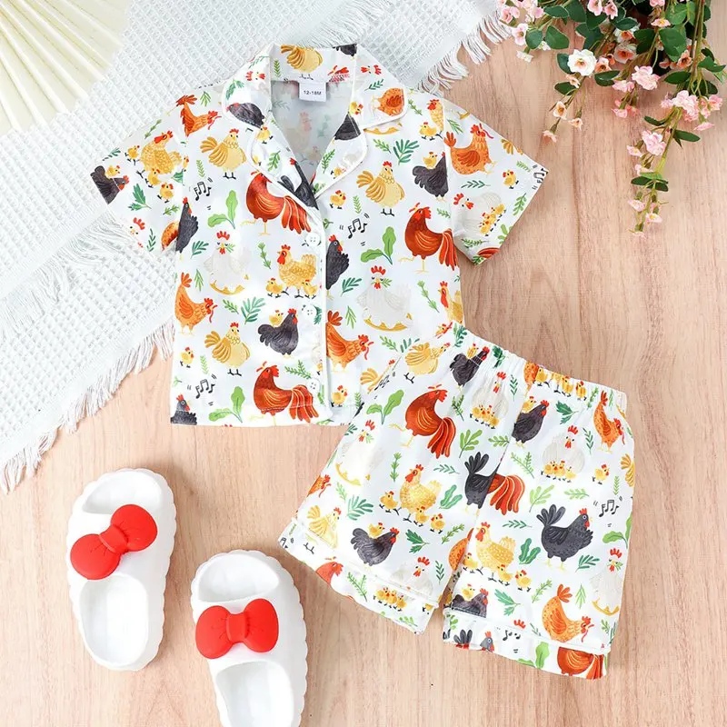 Children Pajamas Set Baby Kids Satin Silk Pyjama Toddler Summer Short Sleeve Faux Silk Nightwear Suit Girl Full Printed Homewear