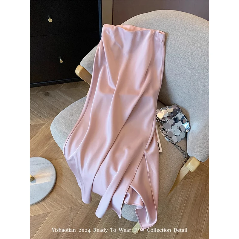 

Pink New Chinese Style Acetic Acid Skirt For Women Spring Summer 2024 High Waist Drop Feel Slimming Package Hip Fishtail Skirt