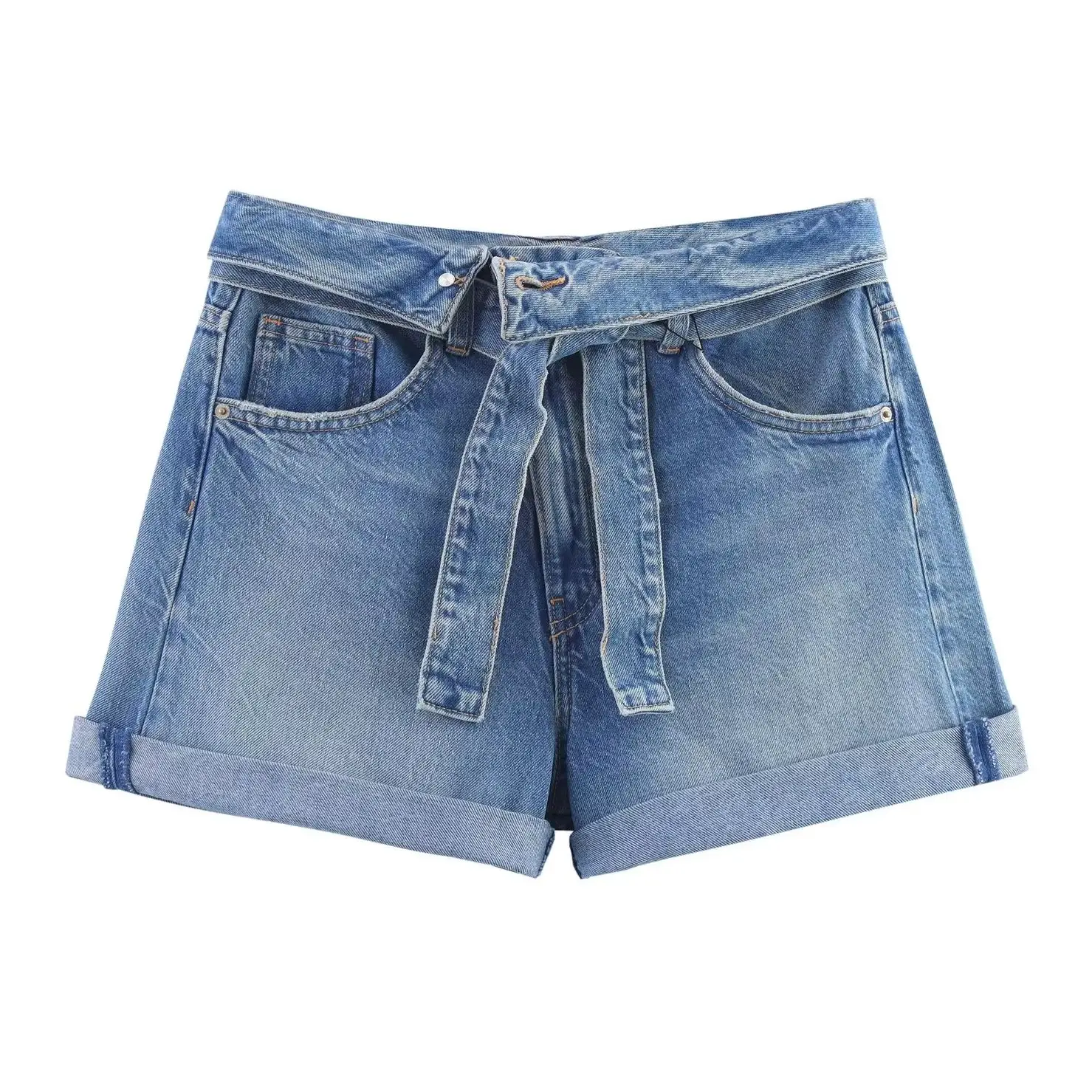 

KONDALA Chic Fashion 2025 Summer Lace Denim Streetwear Pocket Woman Shorts Female Casual Streetwear Basics Mujer Mini Shorts