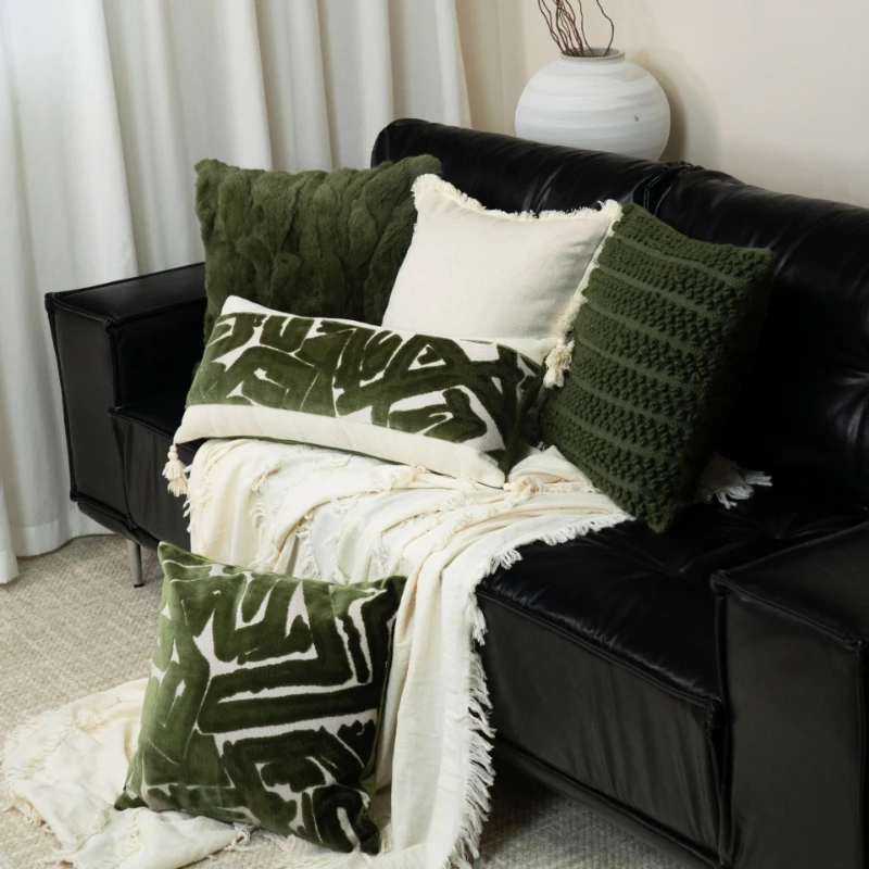 Mid Century Antique Green Cotton Polyester Pillow Cover Wabi Sabi Square Cushion Cover for Sofa Living Room Decor