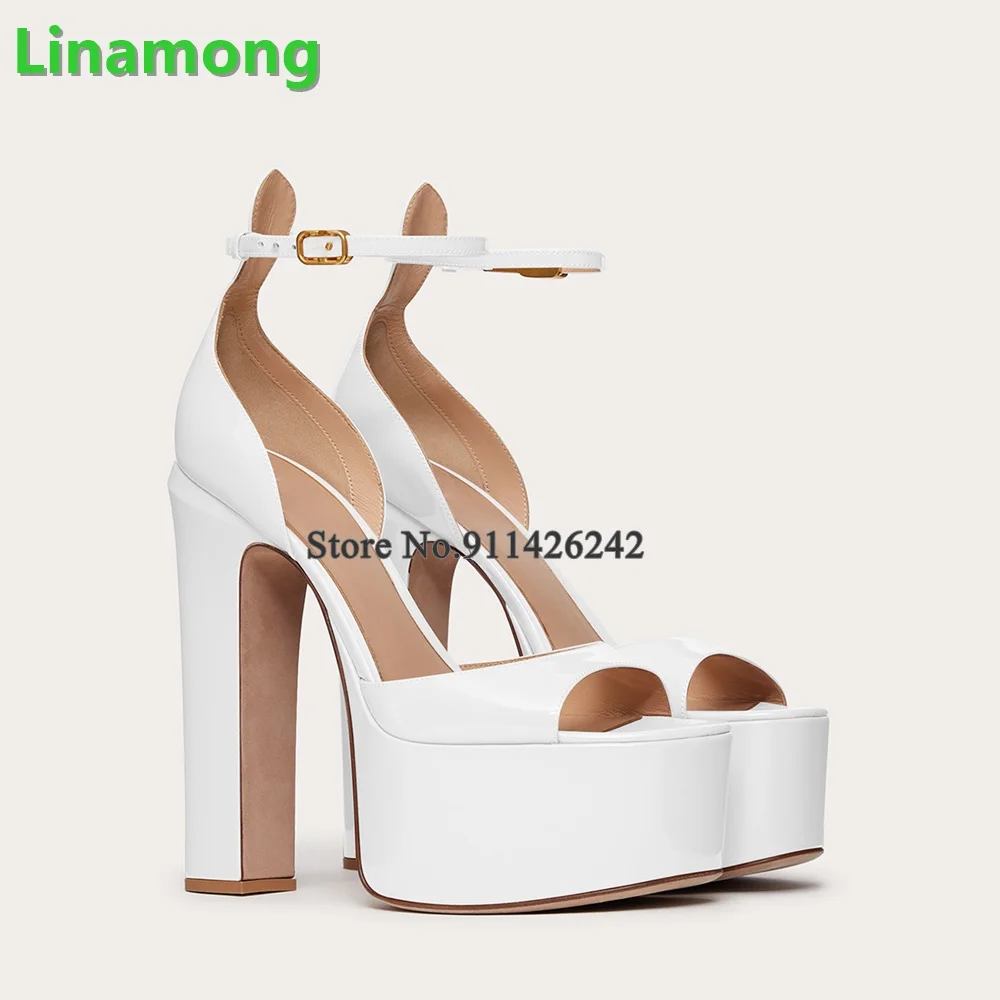 Kwadratowe pięty Peep Toe luksusowy Design sandały dla kobiet klamra na kostce pasek Sexy eleganckie płytkie jednolita sukienka letnie buty