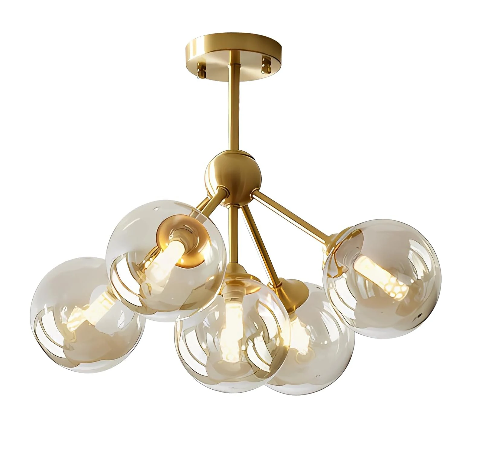 

5-Light Amber Glass Globe Ceiling Light Gold Semi Flush Mount Chandelier Modern Close to Ceiling Lamp for Living Room Bedroom