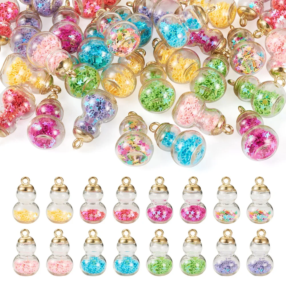 32pcs Glass Bottles Heart Gourd Shape with Star Sequins Pendant Ornaments Jewelry Making DIY Earrings Necklace Craft Supplies