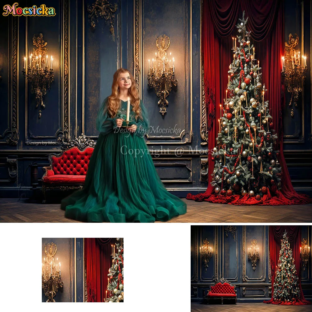 Mocsicka Christmas Room Retro Black Wall Background Decoration Xmas Tree Candle Backdrop Family Kids Portrait Photo Studio Props