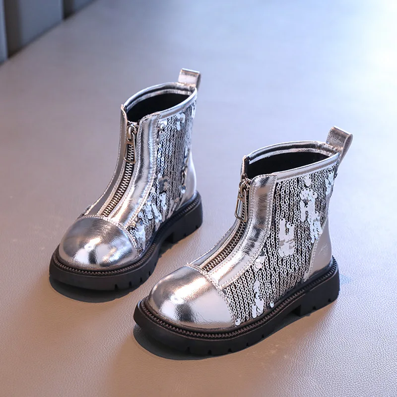 Bling Kids Chelsea Boots Solid Silver PU Leather Girls Fashion Boots Sequins Zip Non Slip Children Ankle Shoes