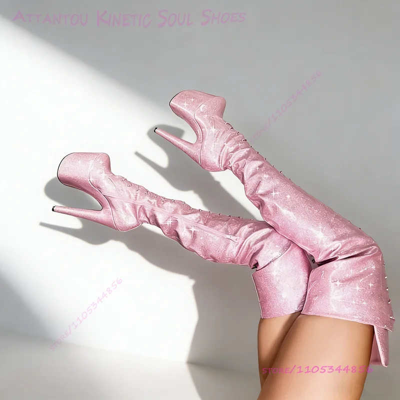 

Pink Glitter Patent Leather Lace Up Thigh High Boots Sugarbaby Women Pole Dancing Platform Heels 20cm 8 Inch Zip Over Knee Shoes