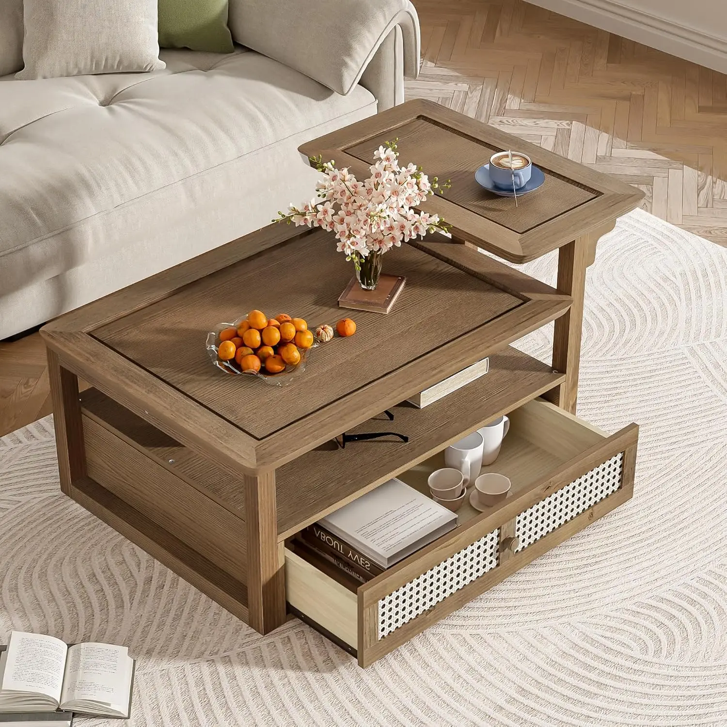 طاولة قهوة خشبية متداخلة حديثة، درج طاولة جانبية مرتفع ومنخفض من قطعة واحدة، طاولة جانبية من الخشب الريفي للتخزين بطبقتين