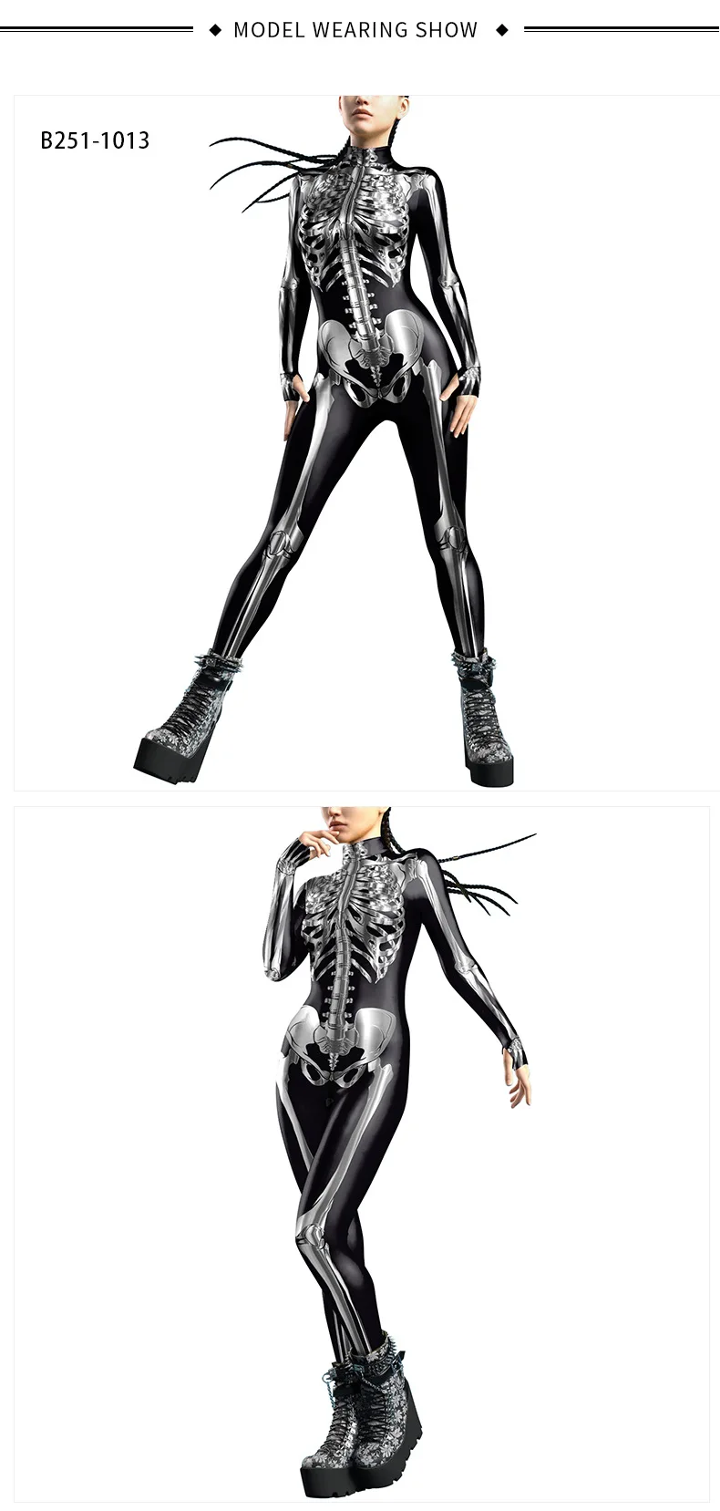 Karneval Halloween Party Fluoreszierender Skelett-Druck Damen Sexy Jumpsuit Cosplay Kostüme Ausgefallener Totenkopf-Bodysuit Mujer 2026 – Detail 4