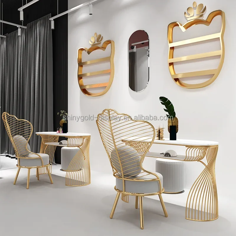 

Wholesale Simple Modern Table and Chair Set Gold Nail Double Layer Art Table Nail Trimming Table Manicure Nail Salon