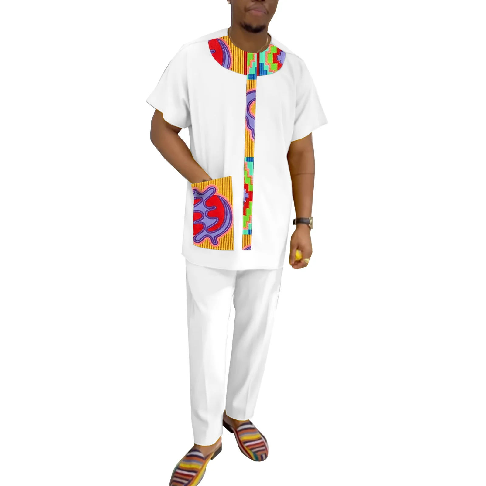 

SEA&ALP African Suit for Men Short Sleeve Patchwork Wax Cloth Shirt Pants 2 Piece Set Outfit Dashiki Casual Attire