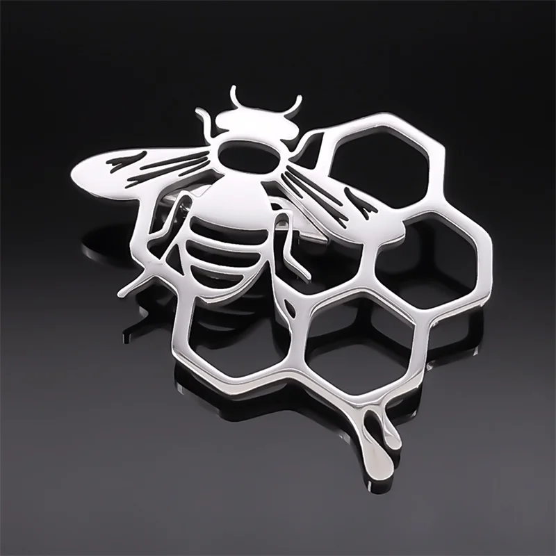 Cute Honeycomb Bee Brooch for Men/Women Stainless Steel Silver Color Insect Party Pin Bag Accessories Badge Jewelry X9211S02 image 3