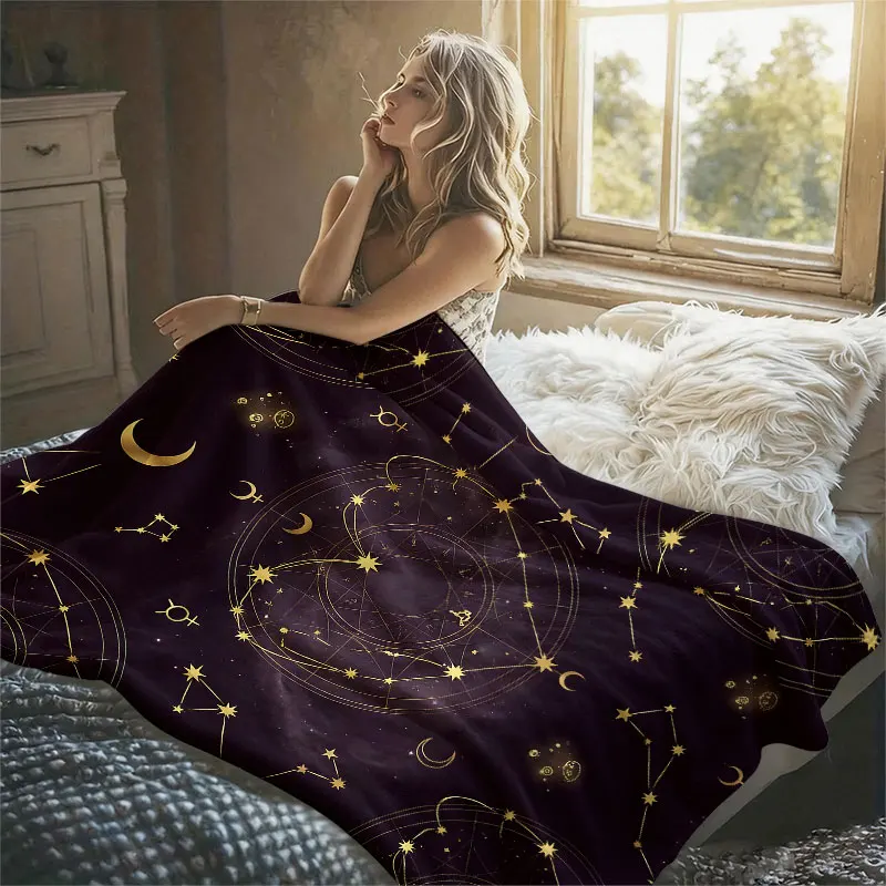 Astrology Gold Purple Flannel Blanket Perfect for Sofa Office Bed Travel Sleep Read Relax Camping Four Season Use
