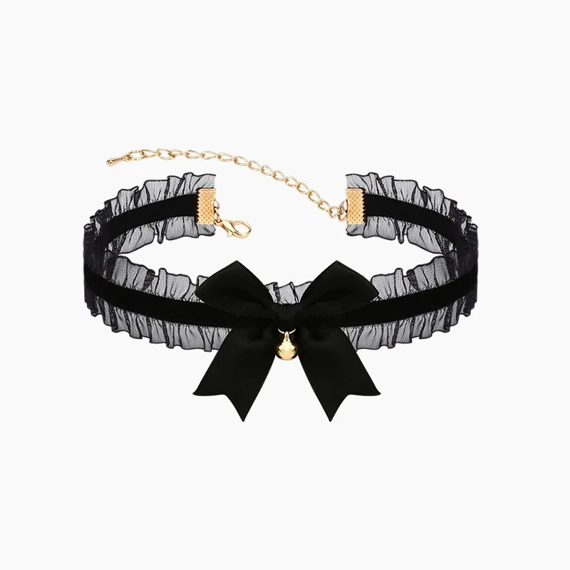 Spice Girl Punk Harajuku Sweet Simple Individuality Sex appeal Black Lace Bow Small bell Sweet Cool Choker Neck strap