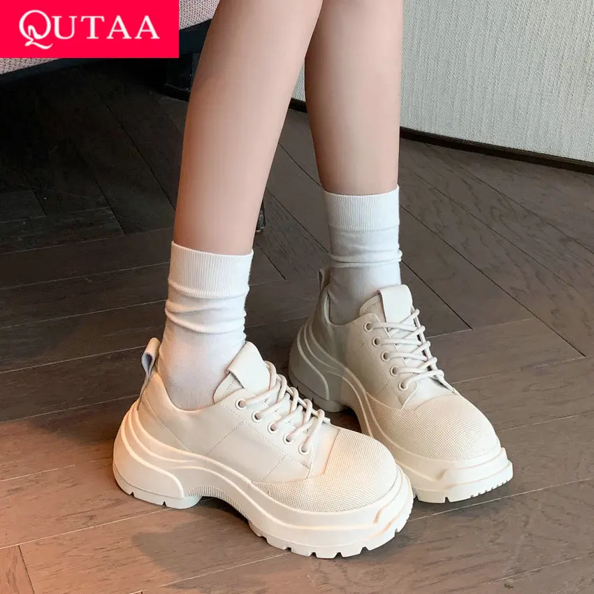 

QUTAA 2024 Women Genuine Leather Sneakers Med Heel Platforms Lace Up Casual Shoes Woman Sport Shoes Woman Sneakers Size 35-40