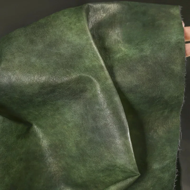 Green tie dye leather, soft leather non elastic PU used and remade crisp bag jacket clothing designer fabric