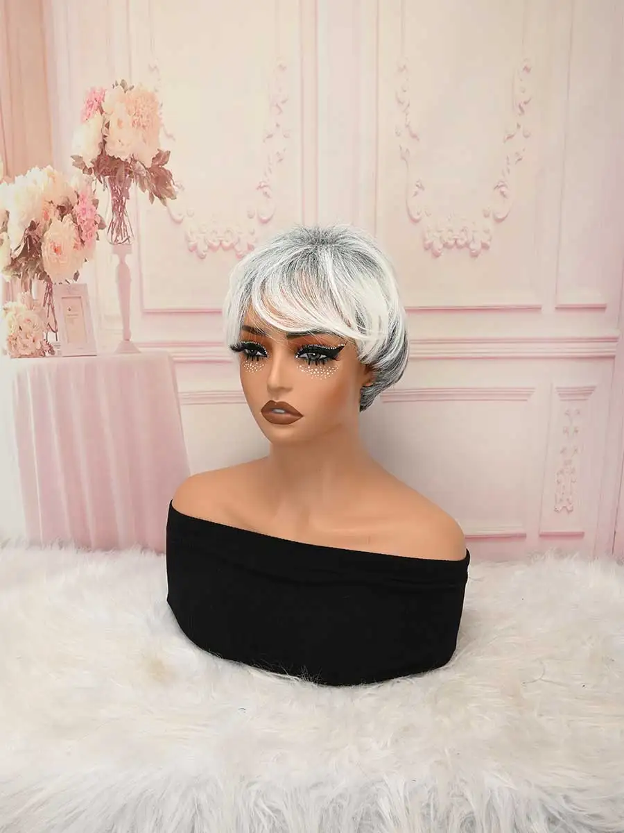 Grey White Mixed Short Layered Bob Synthetic Wig